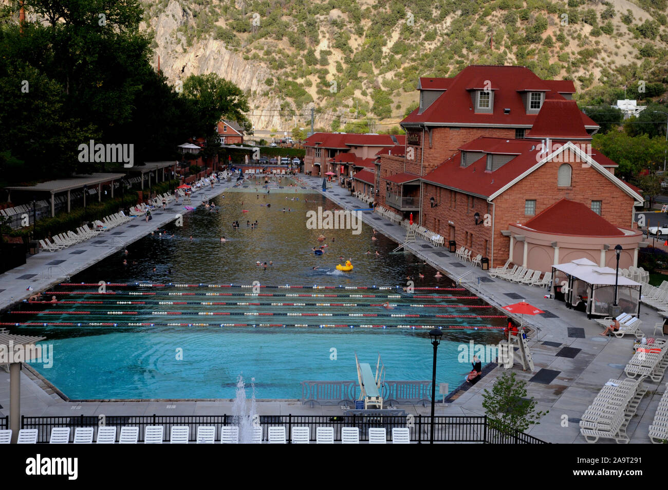 The main pool area at Glenwood Hot Springs Resort Colorado Rockies. It's an all year round resort famous for its hot springs. Stock Photo