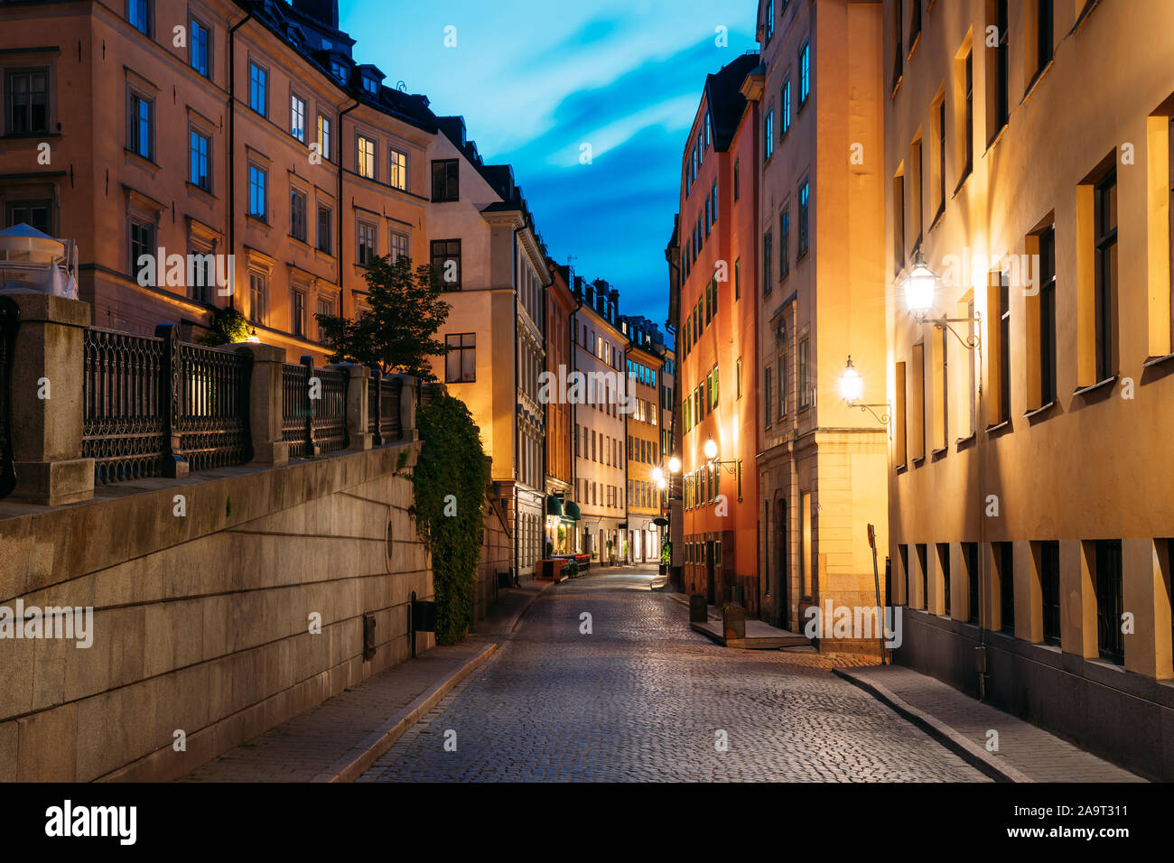 Stockholm, Sweden. Night View Of Traditional Stockholm Street. Residential Area, Cozy Street In Downtown. Osterlanggatan Street In Historical District Stock Photo
