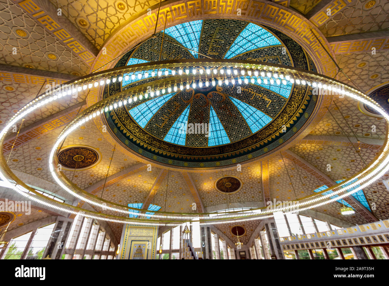 ARGUN, CHECHNYA, RUSSIA - Aug 2019: Aymani Kadyrova Mosque interior in Argun, Chechnya, Russia Stock Photo