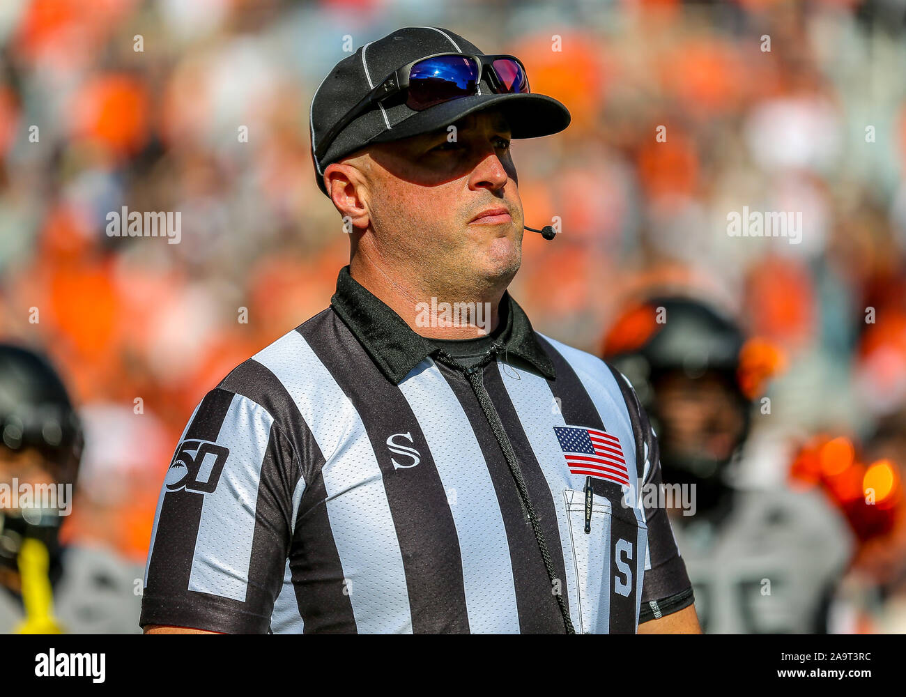 Stillwater, OK, USA. 16th Nov, 2019. A Big 12 official during a football game between the University of Kansas Jayhawks and the Oklahoma State Cowboys at Boone Pickens Stadium in Stillwater, OK. Gray Siegel/CSM/Alamy Live News Stock Photo
