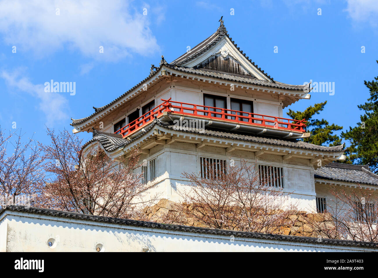 Fukuyama castle in Japan. The Tsukimiyagura, the two story moon viewing turret on the corner of the Honmaru. Stock Photo
