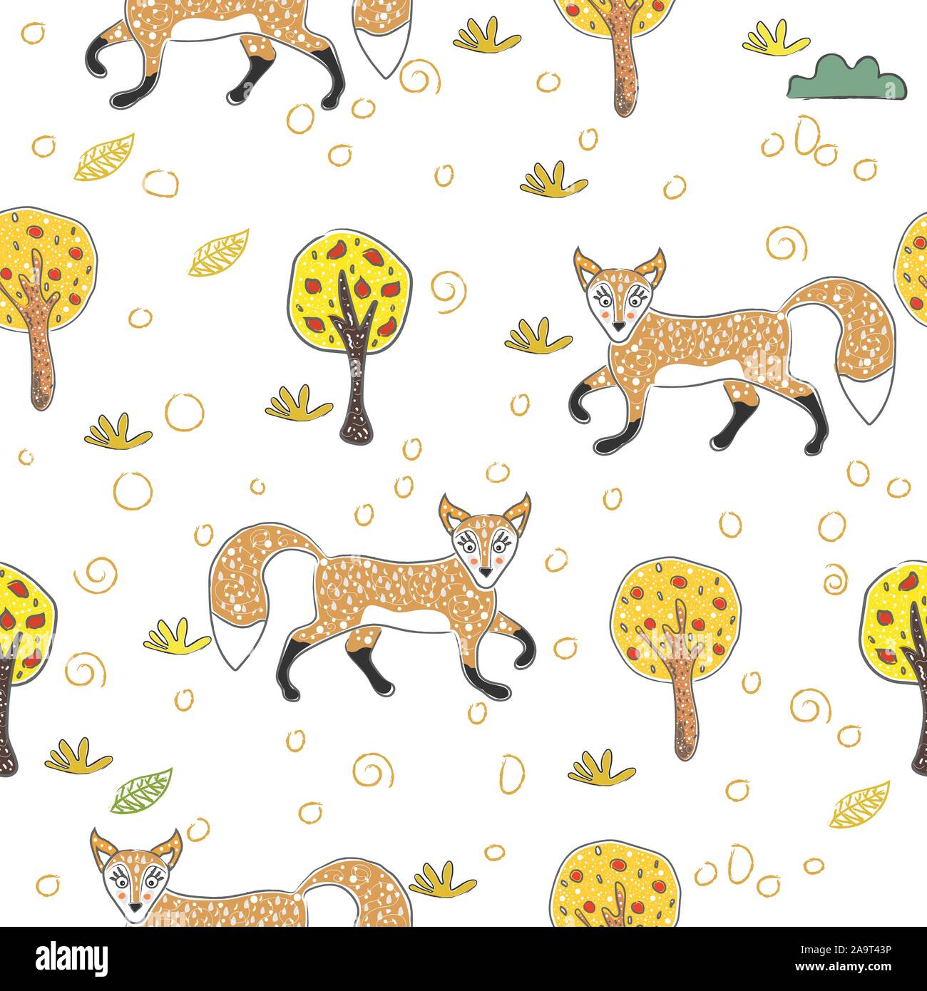 Seamless Pattern with cute Foxes. Scandinavian Style. Vector Illustration Stock Vector
