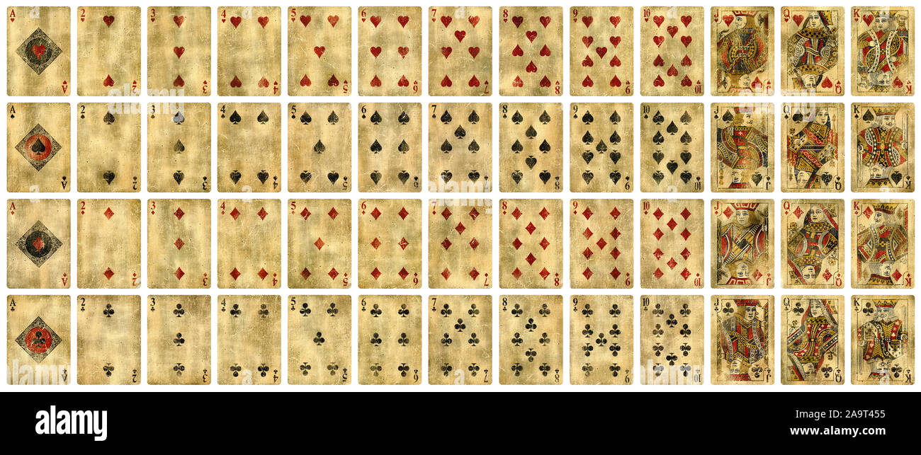 Full set of Vintage playing cards isolated on white background - High quality. Stock Photo