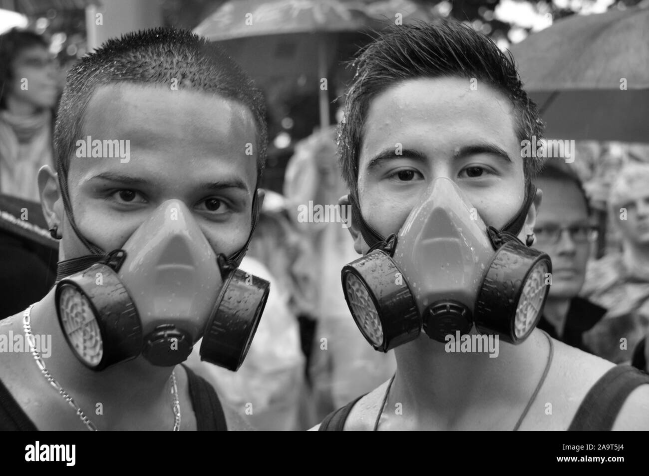 Switzerland: Two Ravers with gasmasks at the Streetparade in Zürich Stock Photo