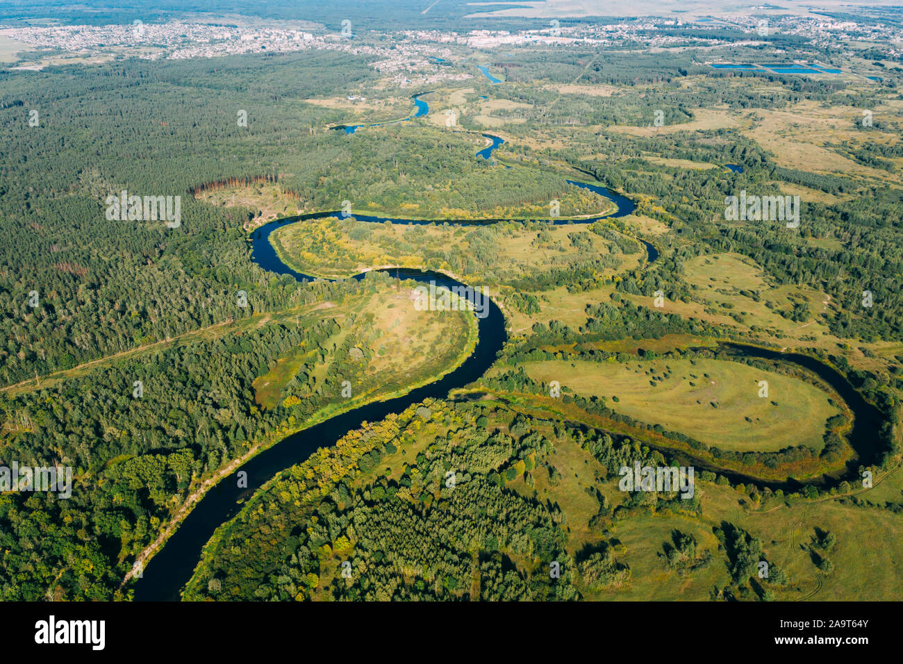 Aerial View Green Forest Woods And River Landscape In Sunny Summer Day. Top View Of Beautiful European Nature From High Attitude In Summer Season. Dro Stock Photo