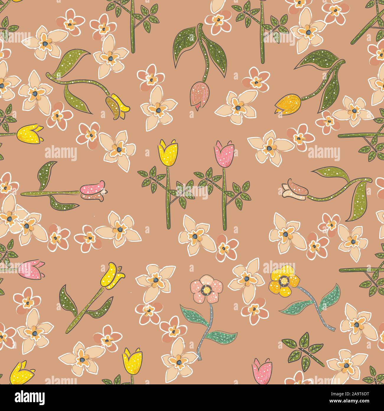Seamless Pattern with Cute Flowers. Hand Drawn Scandinavian Style ...