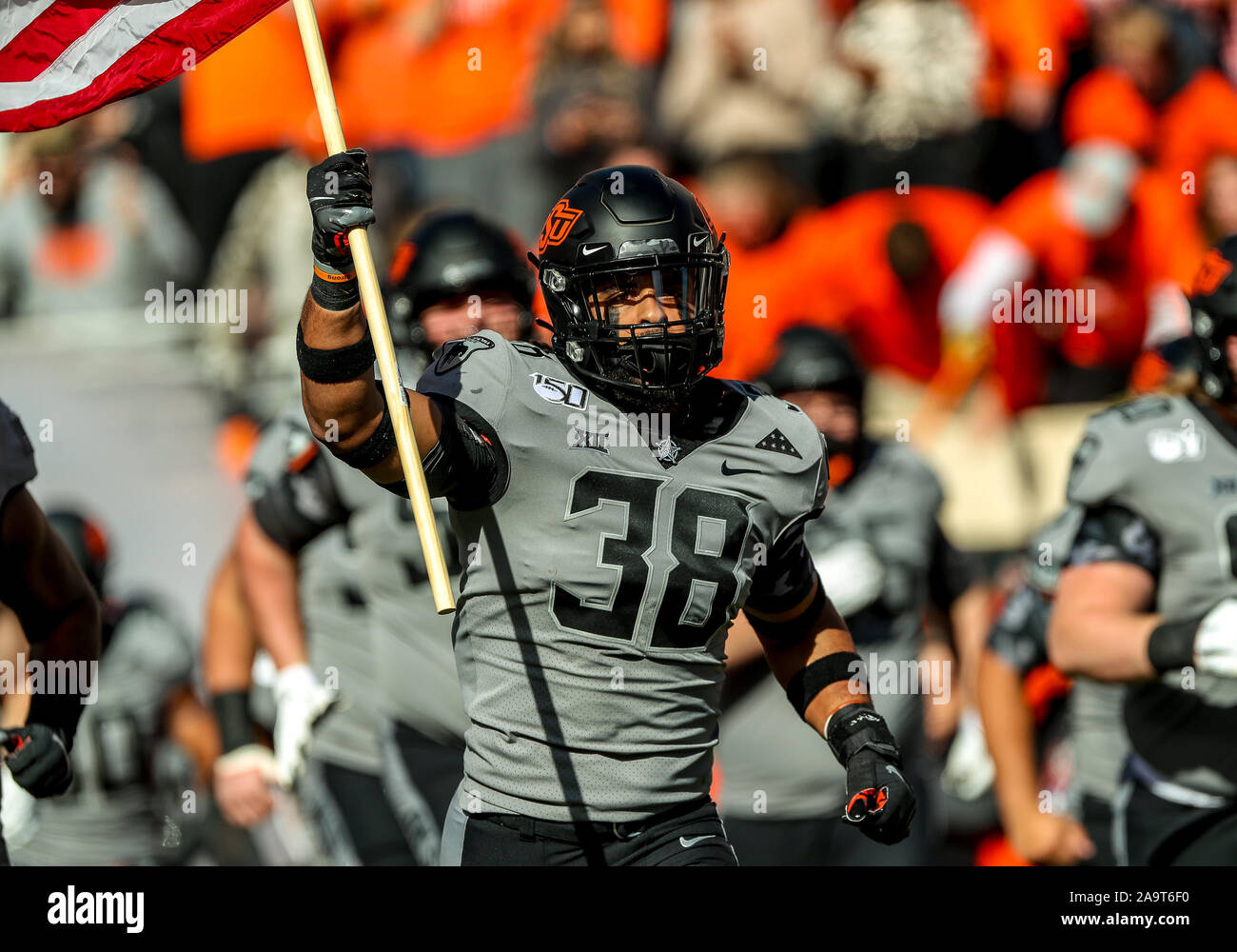 Stillwater, OK, USA. 16th Nov, 2019. Oklahoma State linebacker Philip Redwine-Bryant (38) takes the field during a football game between the University of Kansas Jayhawks and the Oklahoma State Cowboys at Boone Pickens Stadium in Stillwater, OK. Gray Siegel/CSM/Alamy Live News Stock Photo
