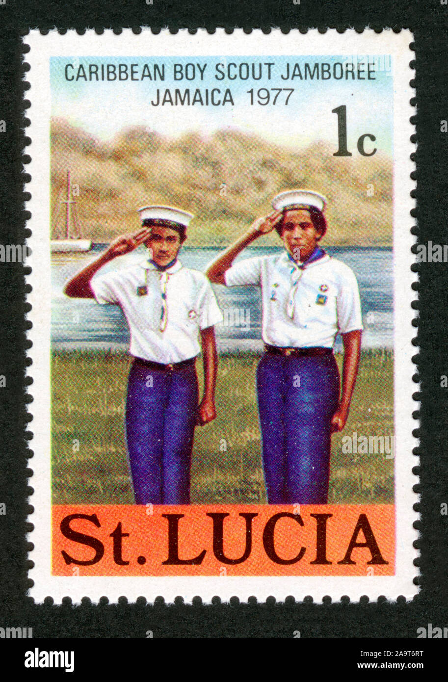 Stamp print in St.Lucia, Caribbean Boy Scout Jamboree,Jamaica,1977 Stock Photo Alamy