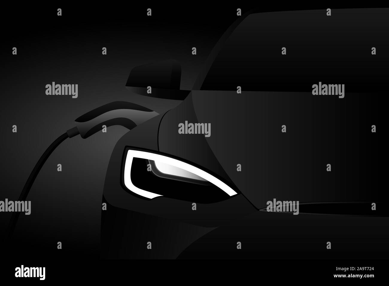Black electric car with a charging station in the dark. Vector banner