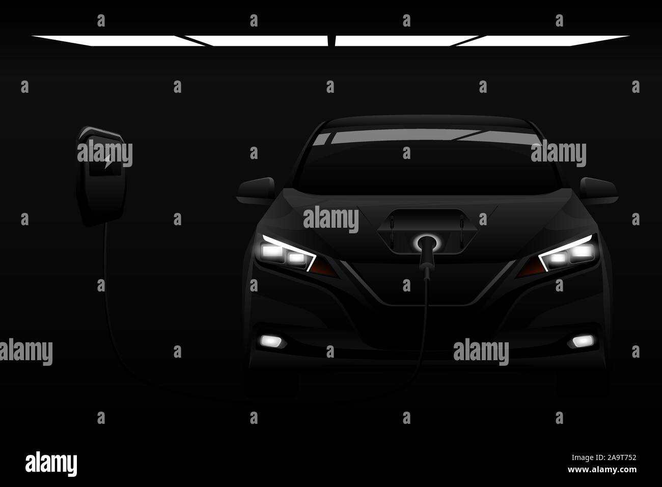 Black electric car with a charging station in the dark. Vector