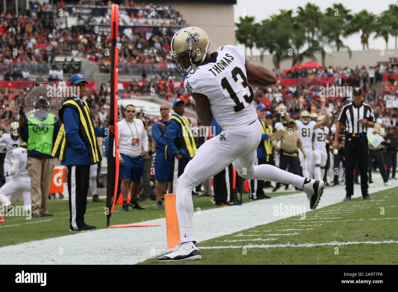 Tampa, Florida, USA. 17th Nov, 2019. Tampa Bay Buccaneers linebacker Devin  White (45) tackles New Orleans Saints wide receiver Michael Thomas (13)  during the NFL game between the New Orleans Saints and