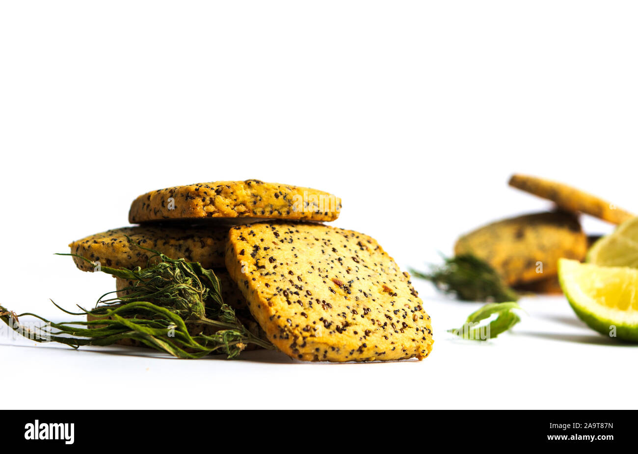Integral cookies with marijuana and chia seeds on white Stock Photo