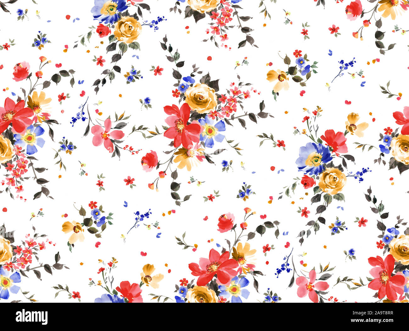 Watercolor seamless pattern with flowers and leaves. Hand painted ...