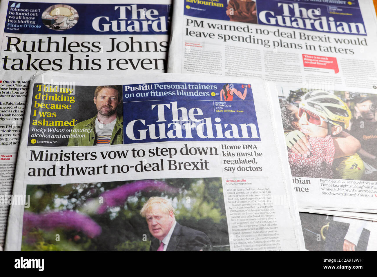 Guardian newspaper headline Cabinet 'Ministers vow to step down and thwart no-deal Brexit' on 22 July 2019 in London UK Great Britain Stock Photo