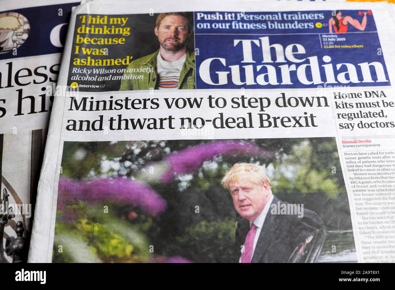 Guardian newspaper headline Cabinet 'Ministers vow to step down and thwart no-deal Brexit' on 22 July 2019 in London UK Great Britain Stock Photo