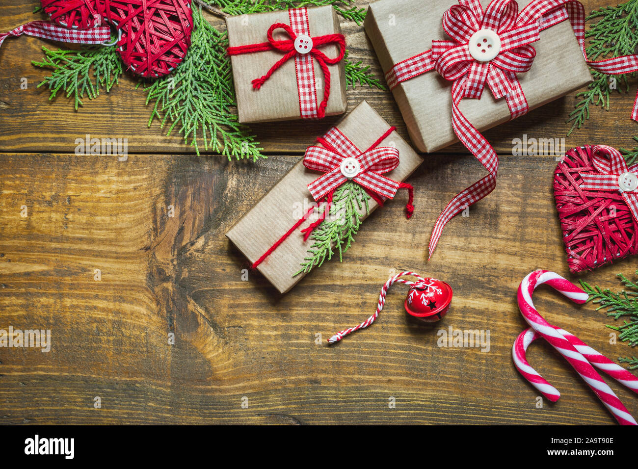 Christmas Composition With Handmade Gift Boxes Wrapped In Craft