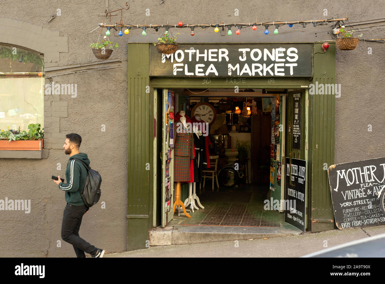 Cork Ireland street view of the Mother Jones Flea Market sign and front door entrance at York Street Stock Photo