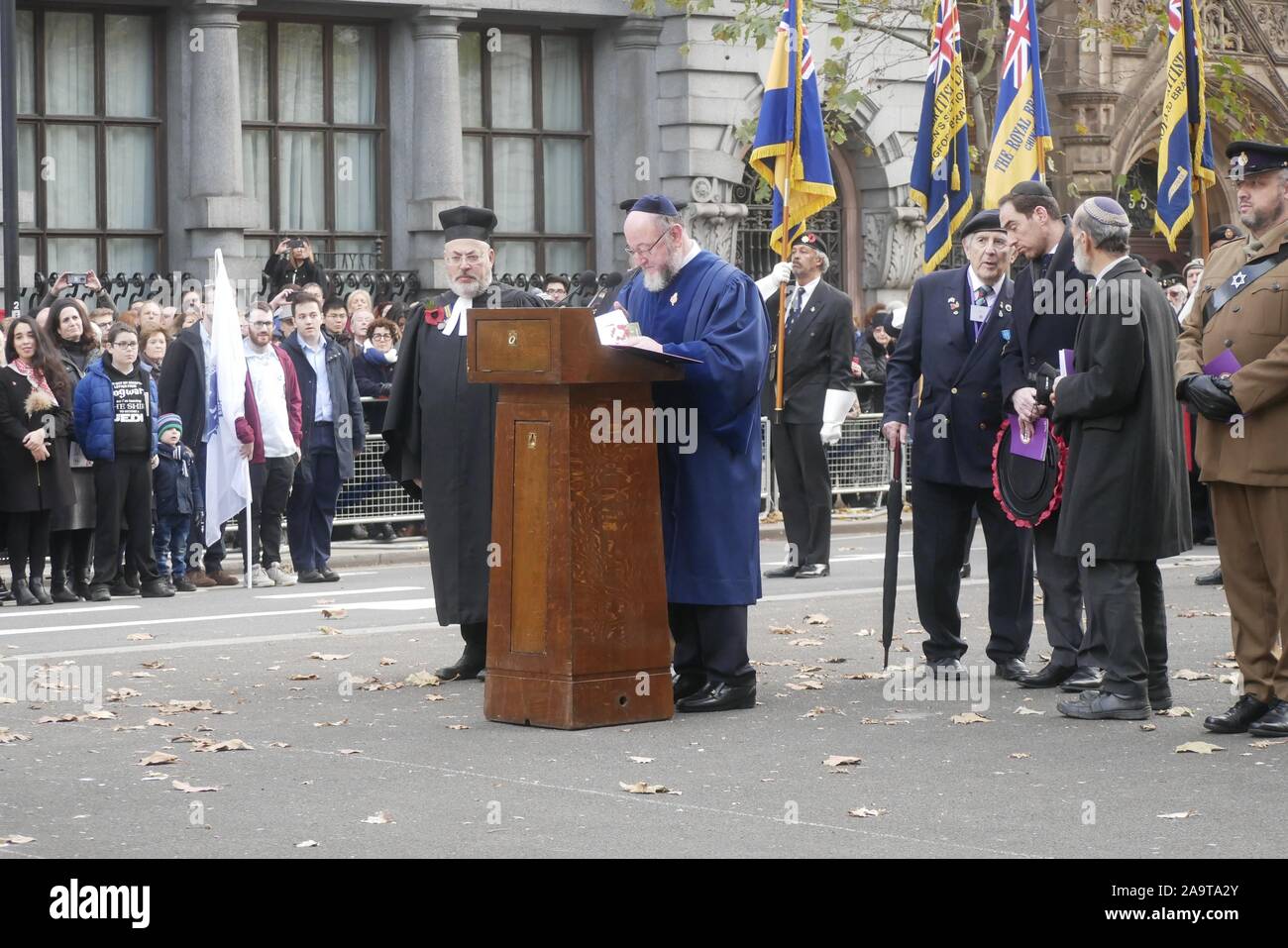 London, UK. 17th Nov, 2019. Sir Malcolm Rifkind, The Chief Rabbi Ephraim Mirvis and The Right Worshipful Lord Mayor of Westminster - Councillor Ruth Bush, attend the annual AJEX (The Association of Jewish Ex-Servicemen and Women) Remembrance Ceremony & Parade in Whitehall, London. Credit: Brian Minkoff/Alamy Live News Stock Photo