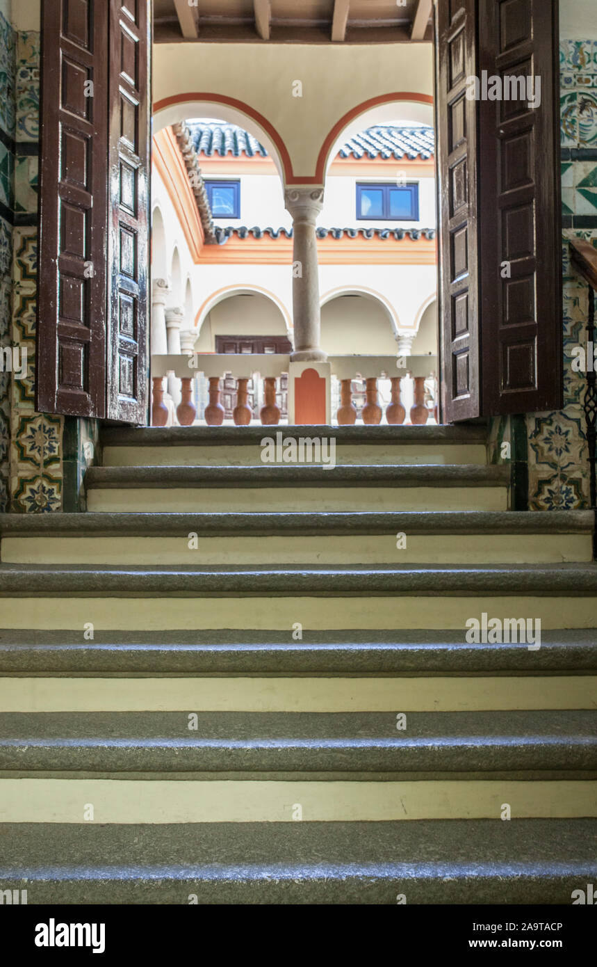 Almendralejo, Spain. January 26th, 2018: Town Hall Building former Palace of Monsalud, Almendralejo, Badajoz, Spain. Interior stairs Stock Photo