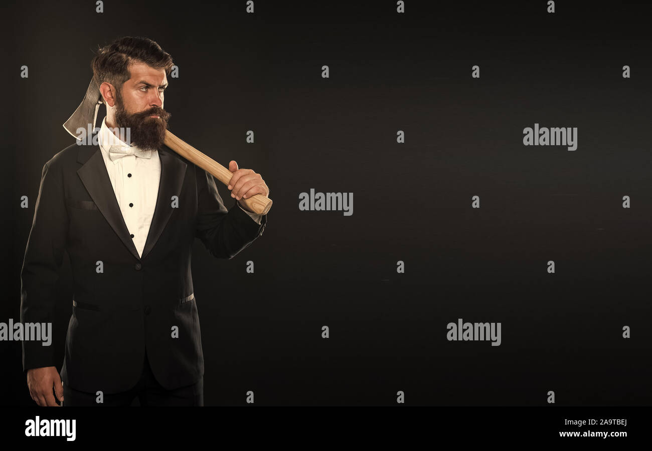 Sharp blade. Grow mustache. Growing and maintaining moustache. Man with mustache carry axe