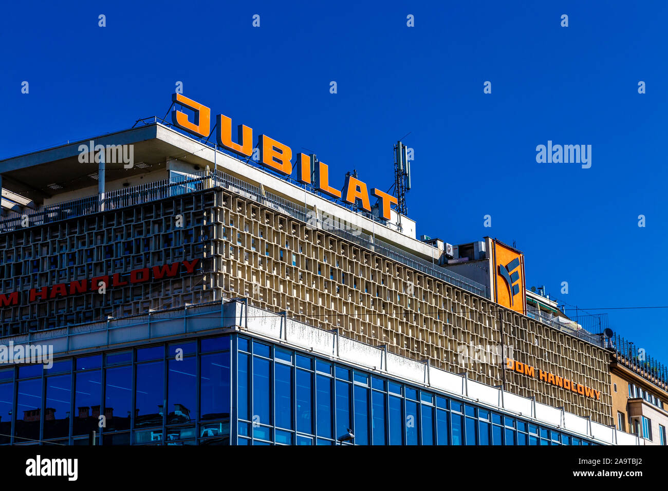 Exterior of Jubilat Krakow's first shopping centre, communist 1960s architecture, Krakow, Poland Stock Photo