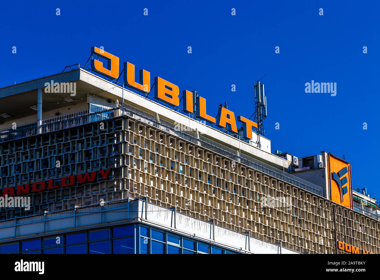 Exterior of Jubilat Krakow's first shopping centre, communist 1960s architecture, Krakow, Poland Stock Photo