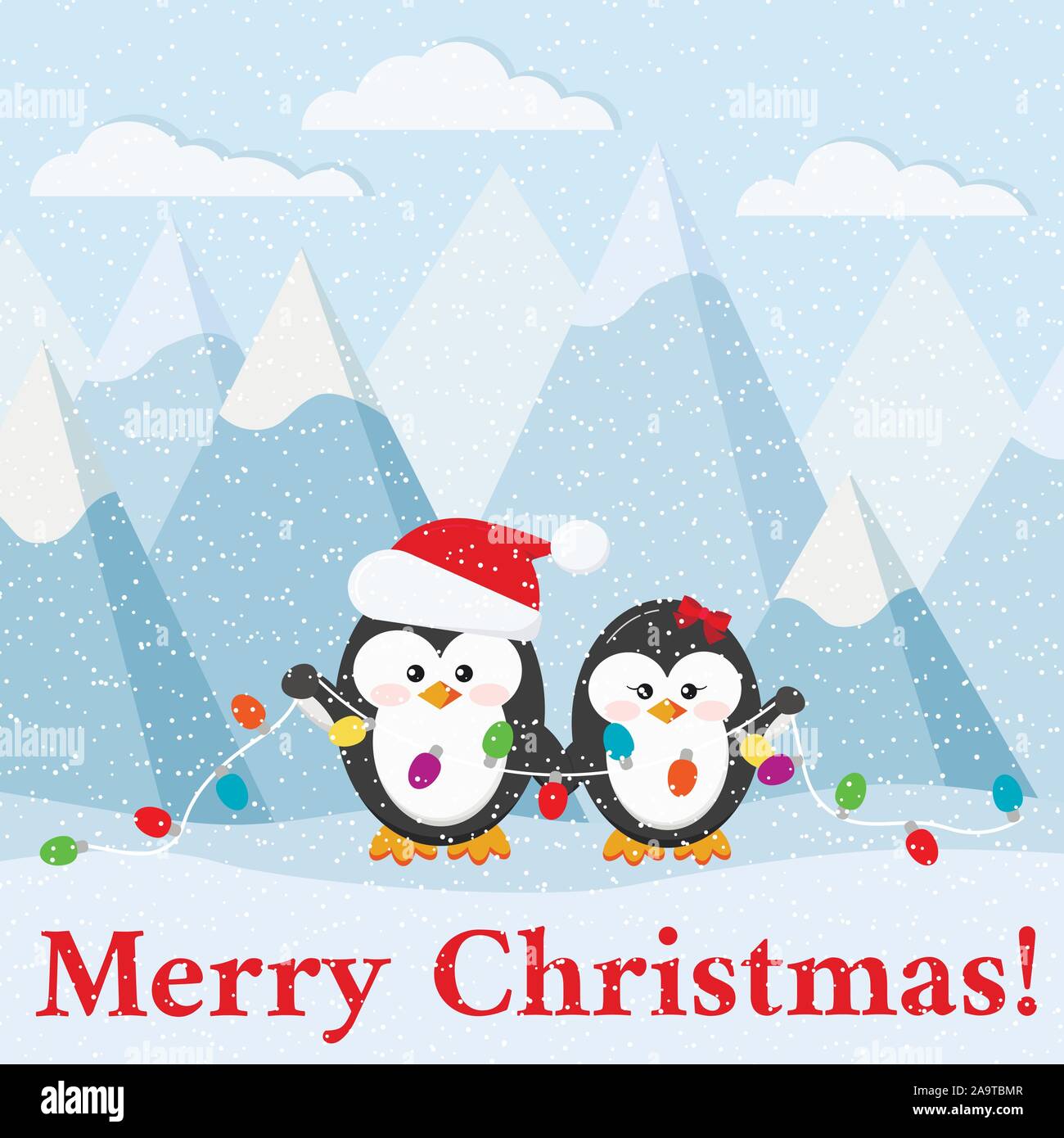 Merry Christmas card with cute penguin couple with garland on arctic  landscape background Stock Vector Image & Art - Alamy