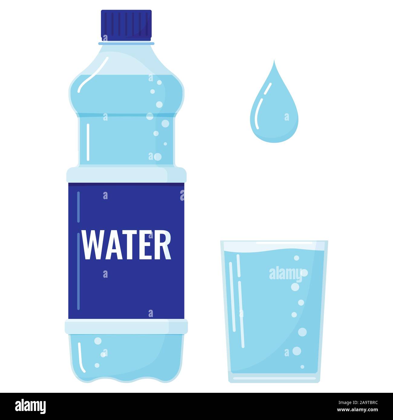 Plastic bottle of water with bubbles, full glass of water and water drop icon set isolated on white background. Stock Vector