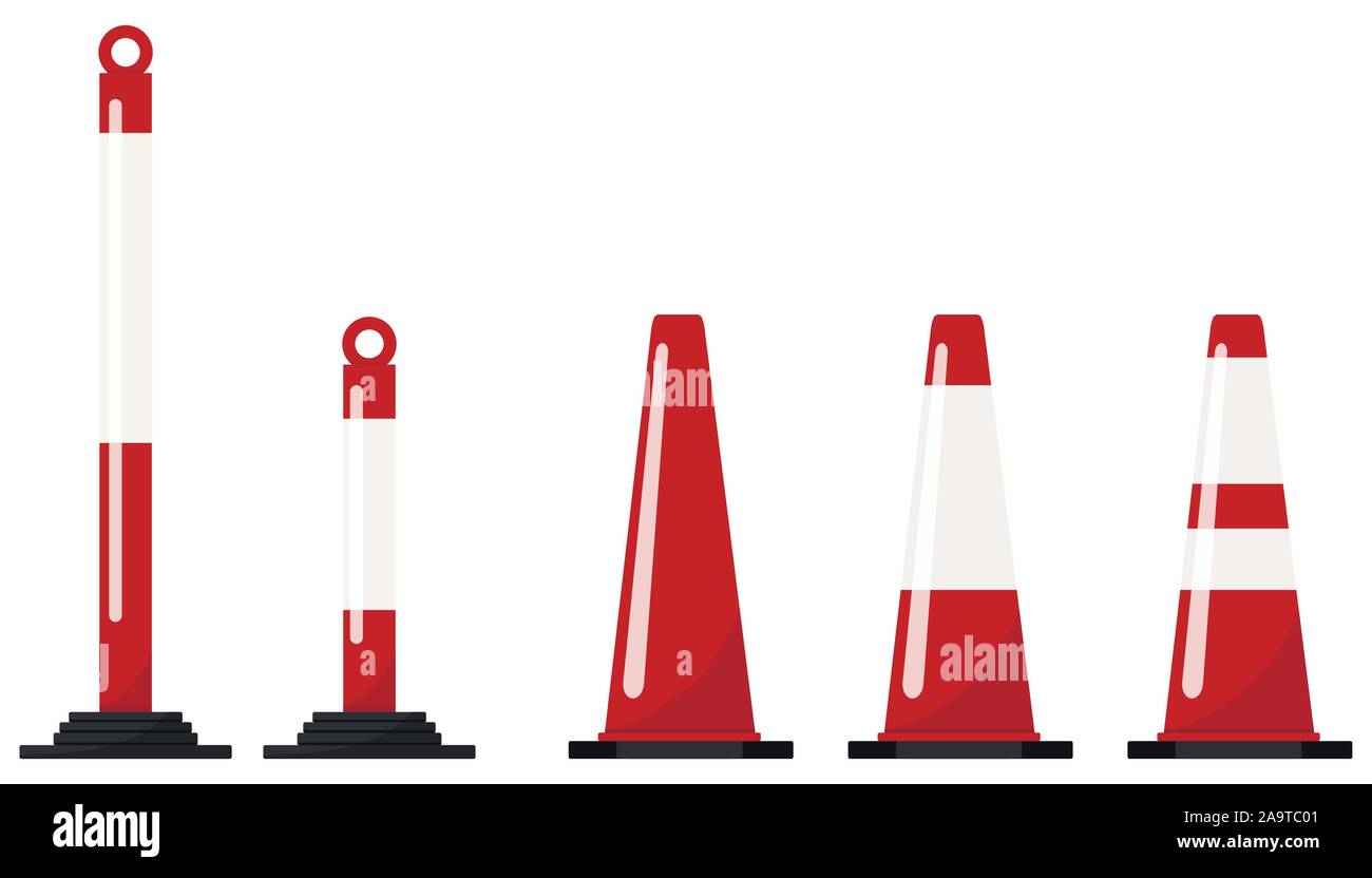 Red color plastic road traffic cone set isolated on white background. Stock Vector