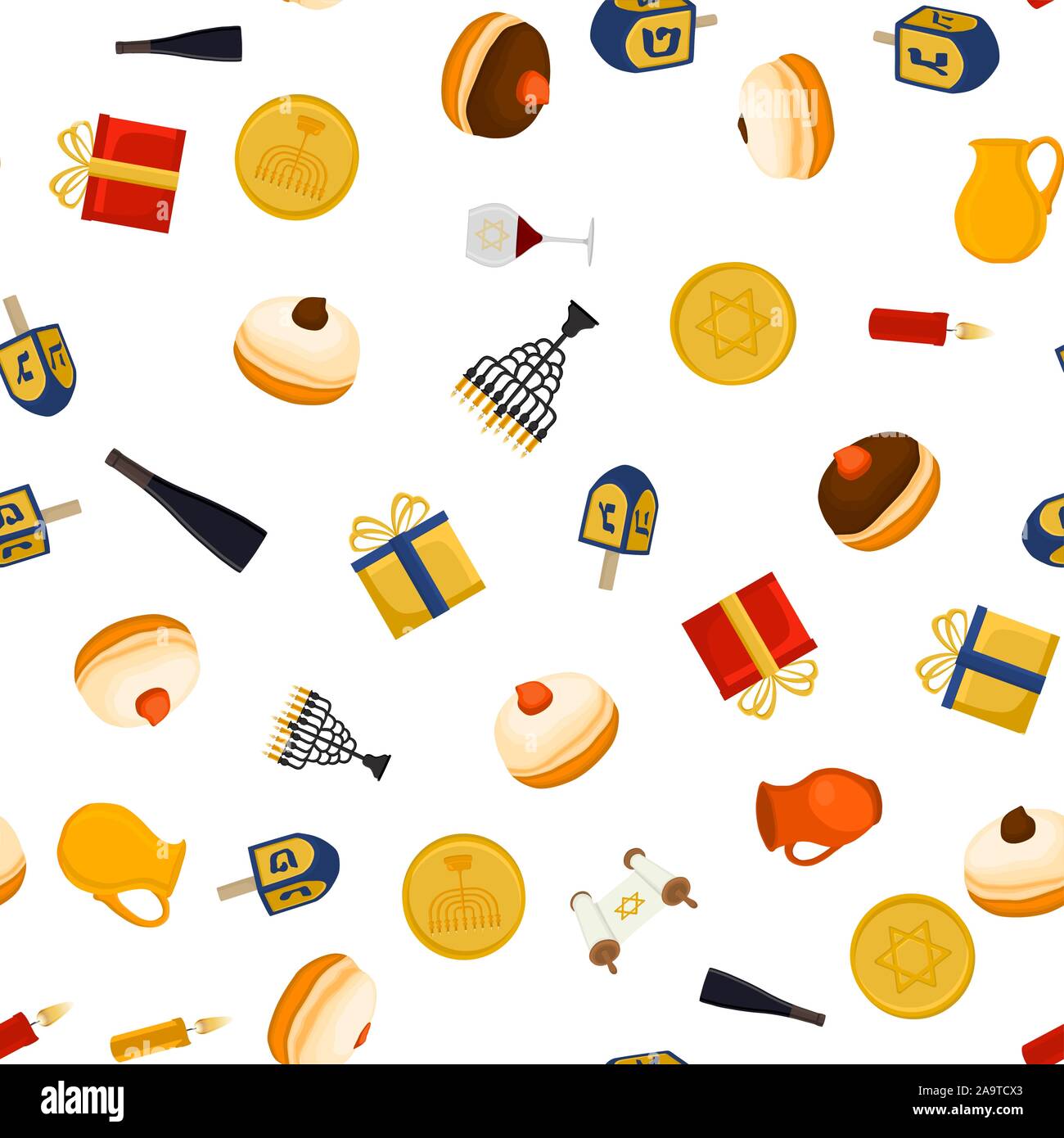 Illustration on theme big colored pattern Hanukkah, seamless set clay jug. Seamless pattern consisting of collection jug liquid oil, accessory holiday Stock Vector