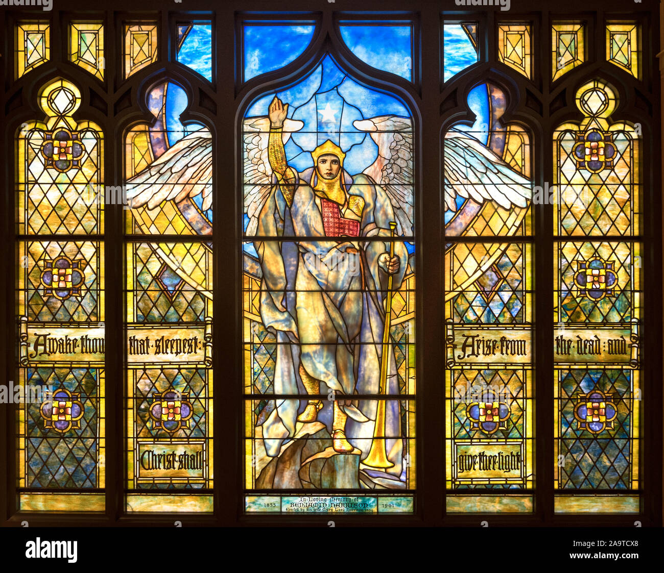 Angel of the Resurrection stained glass window by Frederick Wilson (Designer) and Tiffany Studios, 1903/4. Indianapolis Museum of Art, Indiana, USA Stock Photo