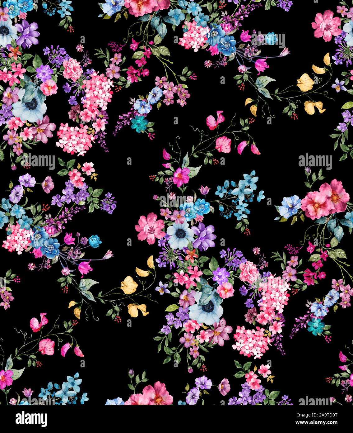 Seamless Repeating Pattern With Hand Painted Black Flower Blossoms