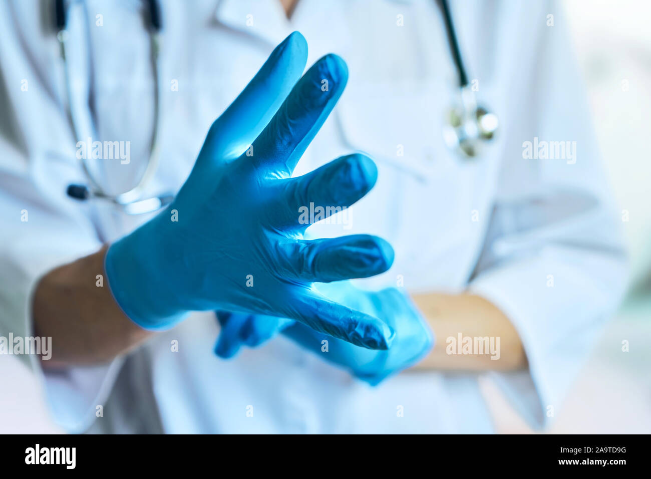 doctor puts on rubber gloves. isolated on a light blue background Stock Photo