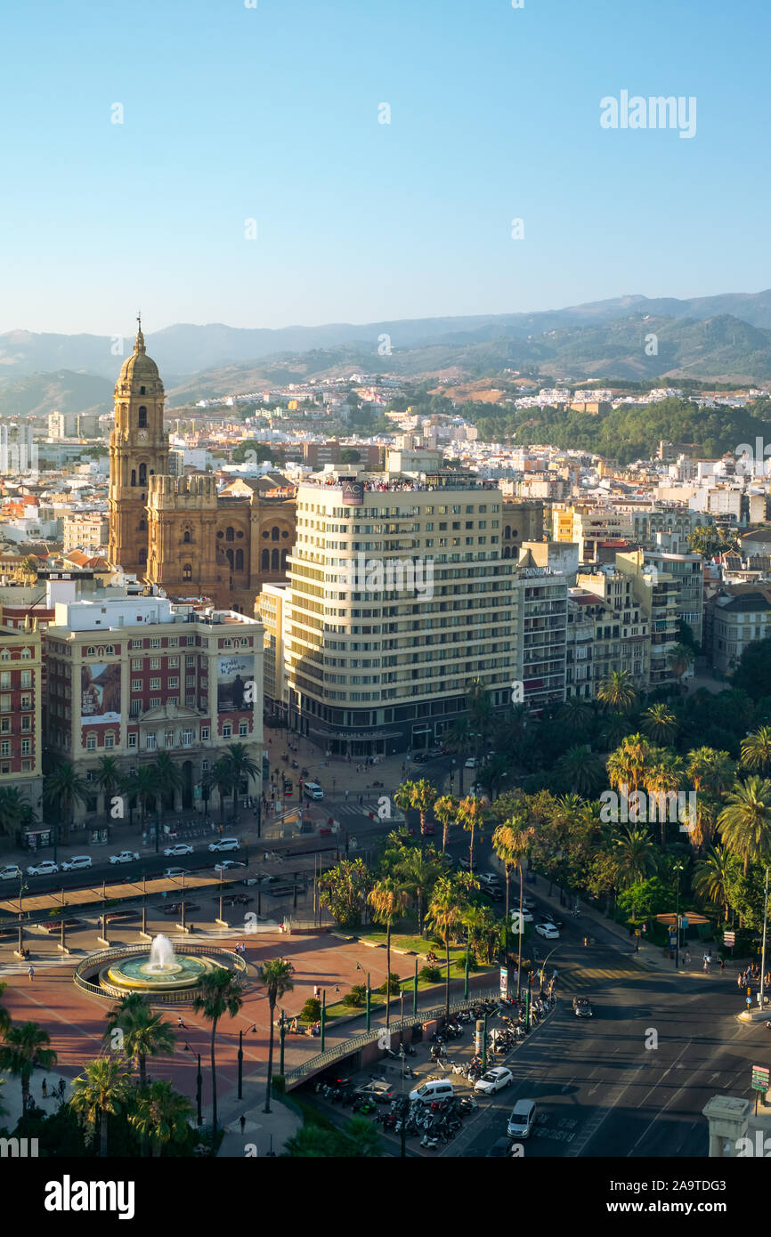 Malaga, Spain - June 29, 2018. Panoramic view of the Malaga city, Cathedral of the Incarnation and Marriott hotel, Costa del Sol, Malaga Province, And Stock Photo