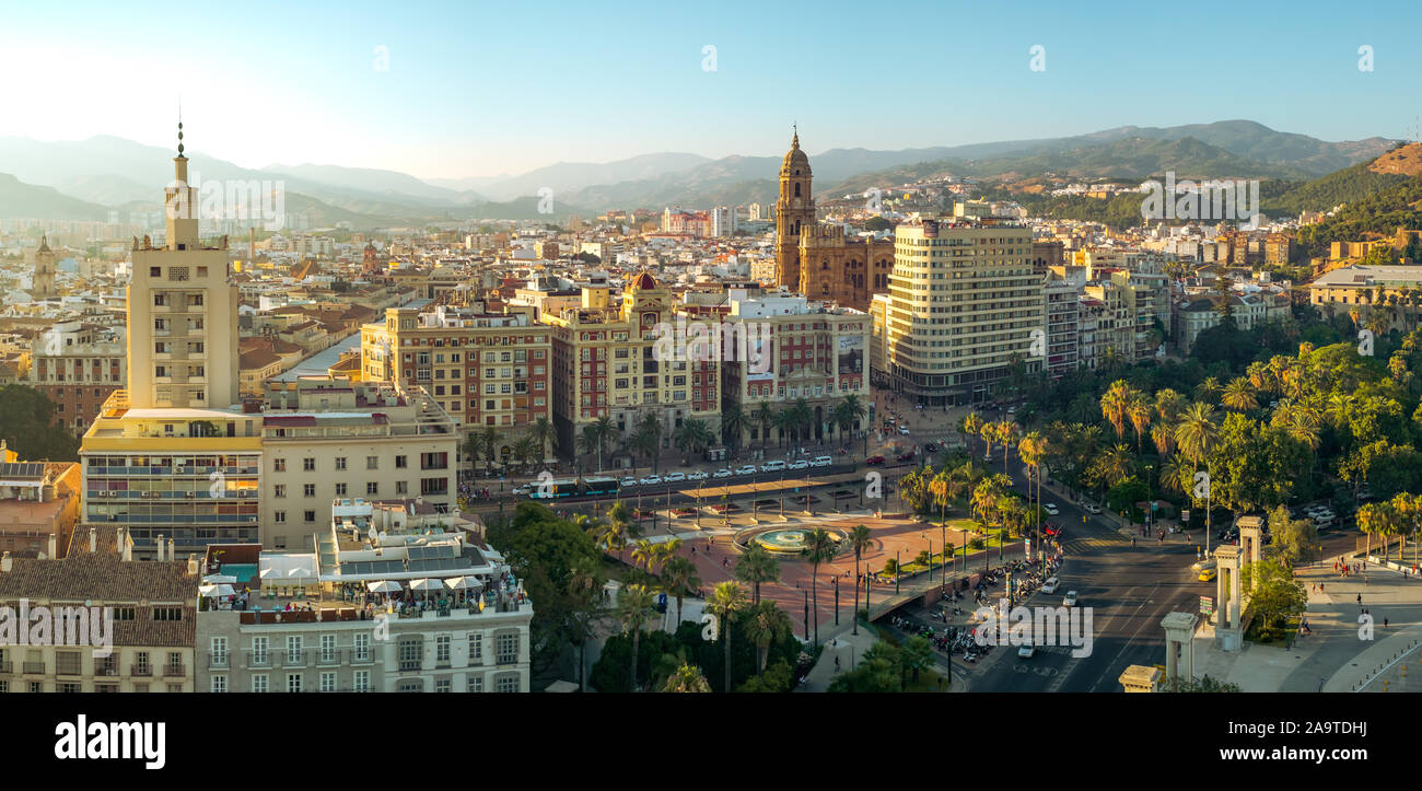 Malaga, Spain - June 29, 2018. Panoramic view of the Malaga city, Cathedral of the Incarnation and Marriott hotel, Costa del Sol, Malaga Province, And Stock Photo