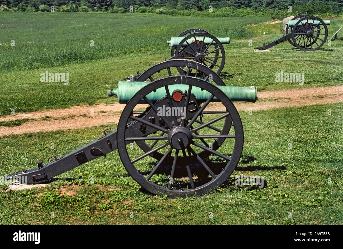 These guns are among the types of field artillery used by Union forces in the 1863 Battle of Chickamauga  between U.S. and Confederate forces during the American Civil War in northwestern Georgia, USA. The iron and bronze muzzle-loading cannons could be fired up to four times a minute by an experienced six-man crew of artillerymen. The big guns would easily devastate assaulting infantrymen, who often advanced shoulder to shoulder in mass formations. The battle was one of the bloodiest of the war with the Union suffering some 16,000 casualties, and the Confederates close to 20,000. Stock Photo