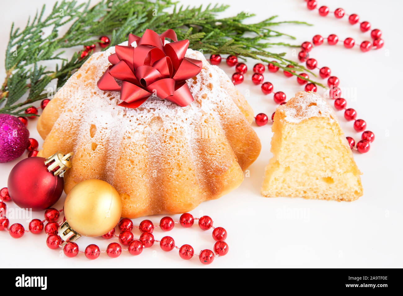 Christmas cake on white background with decoration Stock Photo