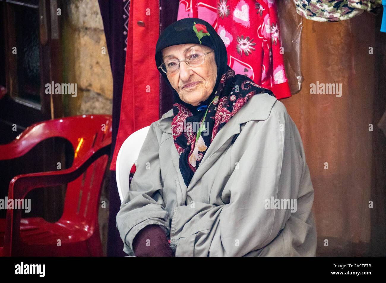 Elderly Lebanese woman in Tyre, Lebanon Stock Photo
