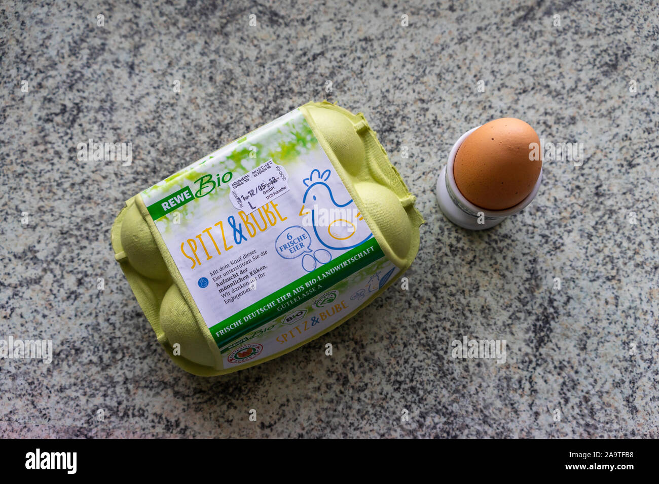 A box of organic eggs from above - Bio eier Stock Photo