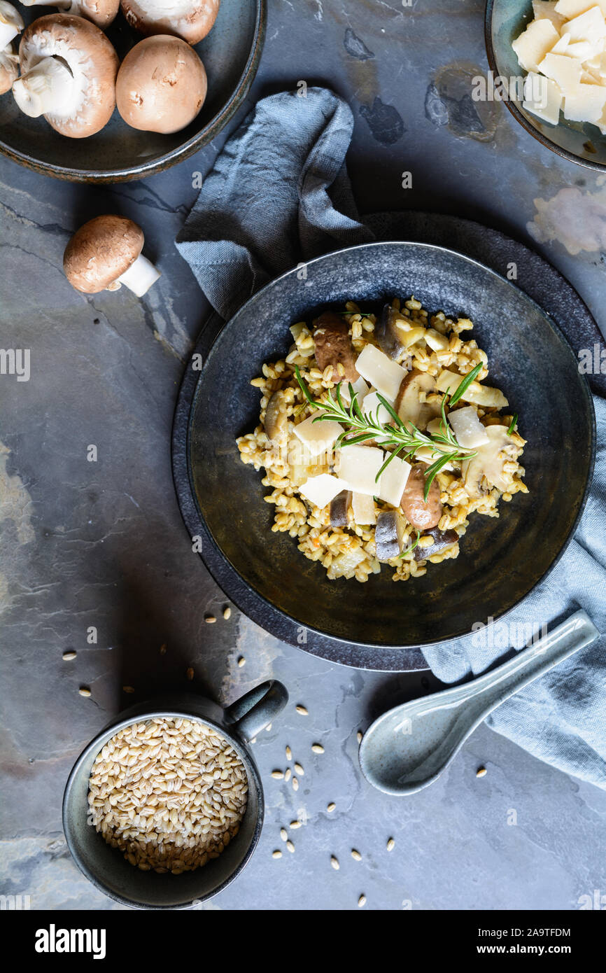 Vegetarian barley risotto with roasted mushrooms, fennel and Parmesan