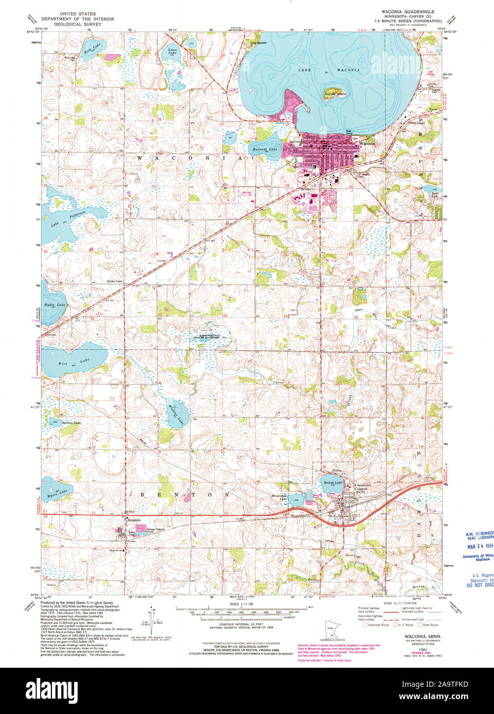 USGS TOPO Map MInnesota MN Waconia 506096 1981 24000 Restoration Stock Photo