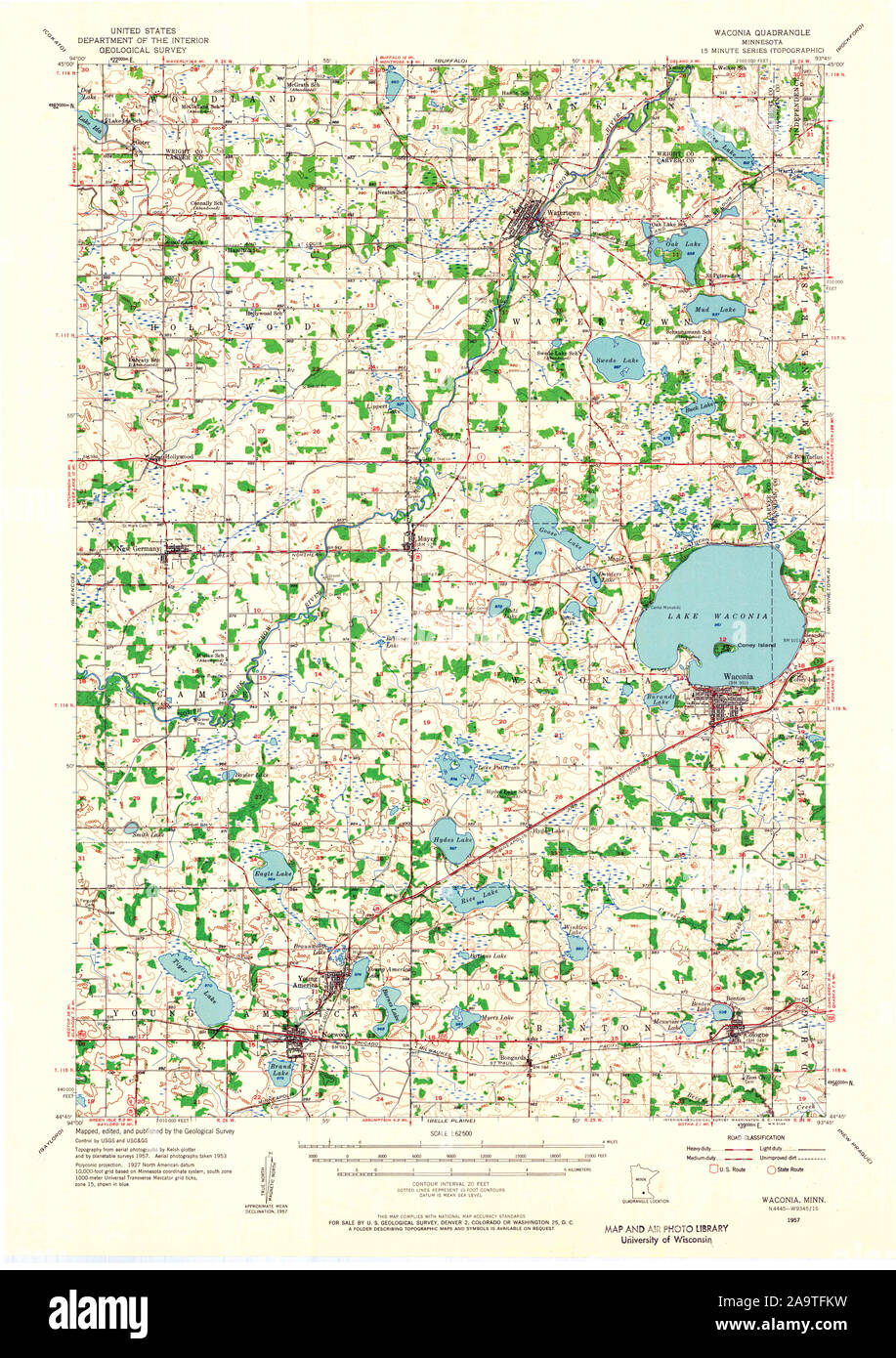 USGS TOPO Map MInnesota MN Waconia 506098 1957 62500 Restoration Stock Photo