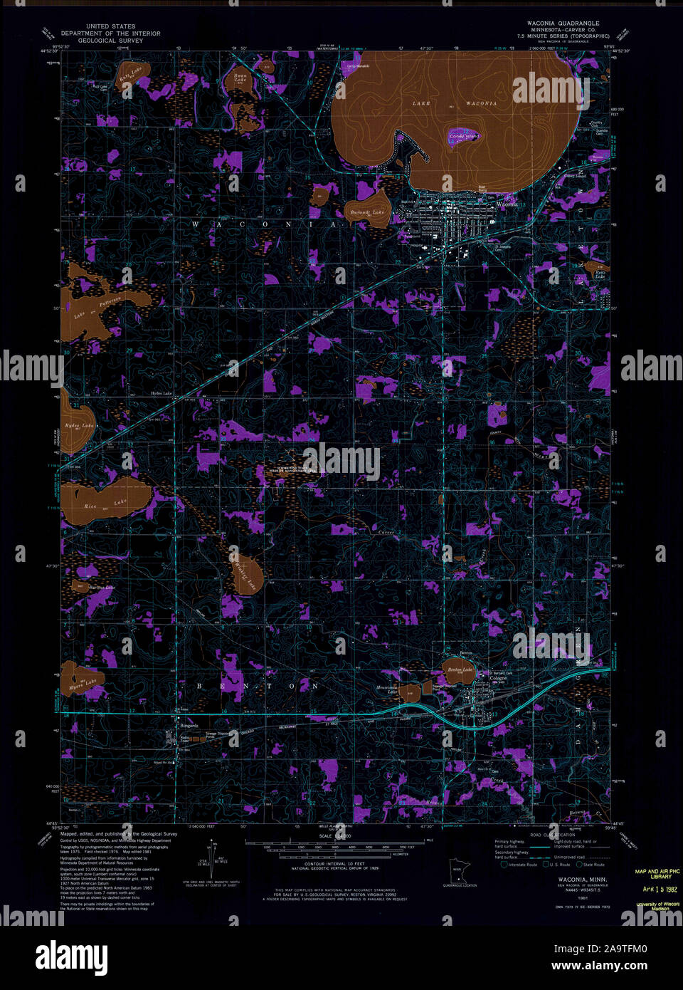 USGS TOPO Map MInnesota MN Waconia 506097 1981 24000 Inverted Restoration Stock Photo