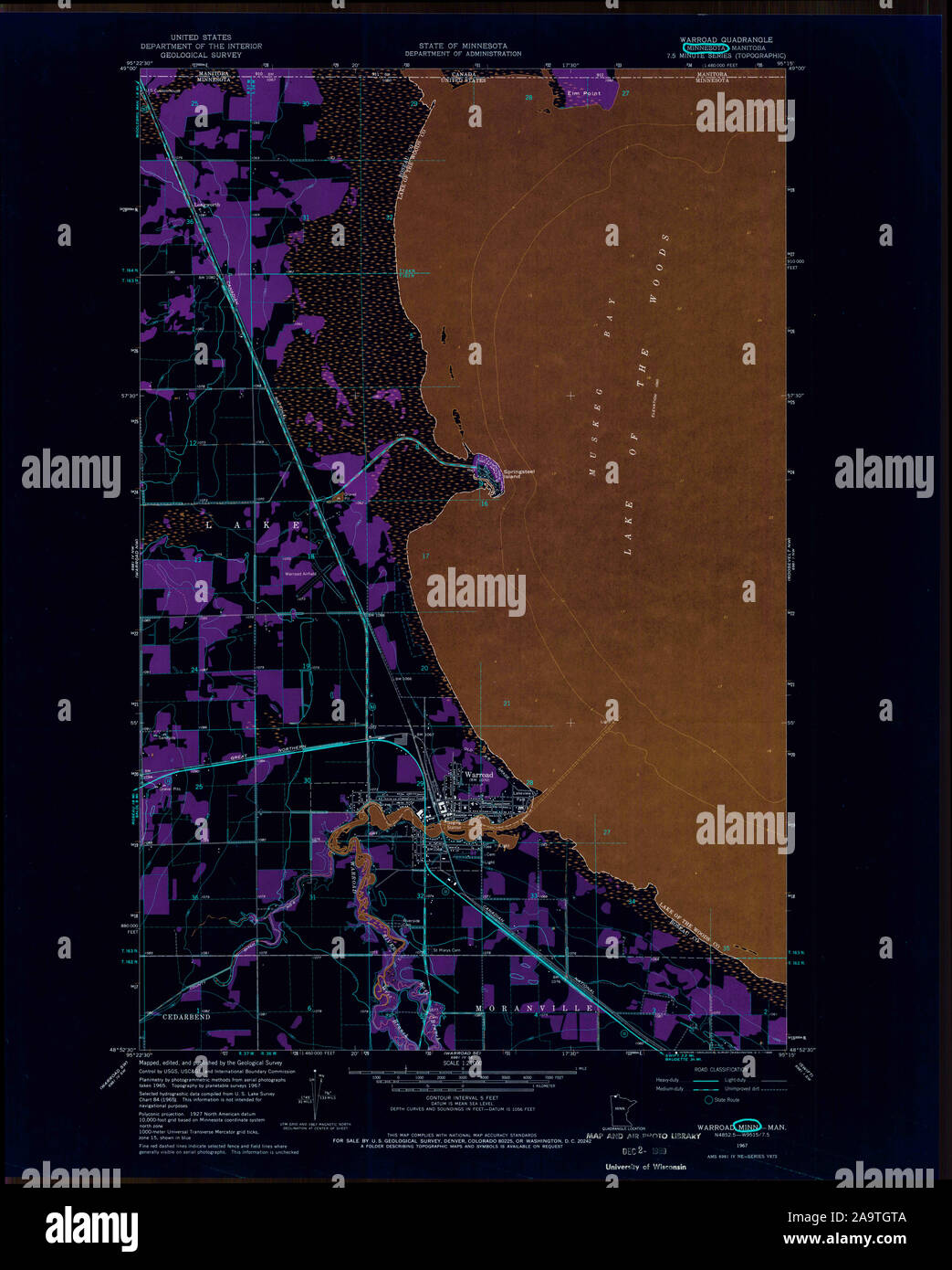 USGS TOPO Map MInnesota MN Warroad 506126 1967 24000 Inverted Restoration Stock Photo