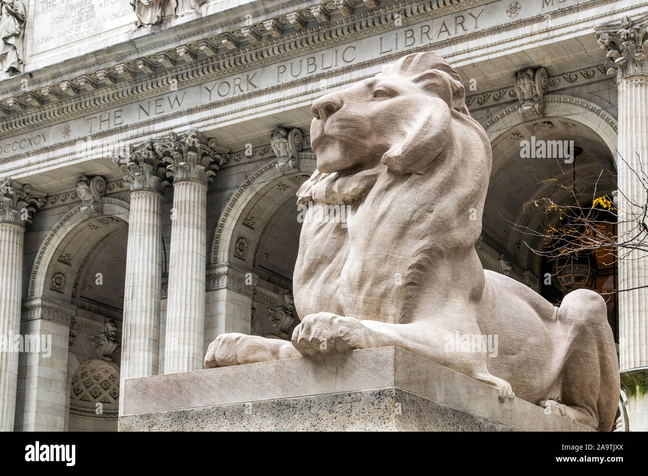 Lion statue in front of the New York Public Library, Manhattan, New
