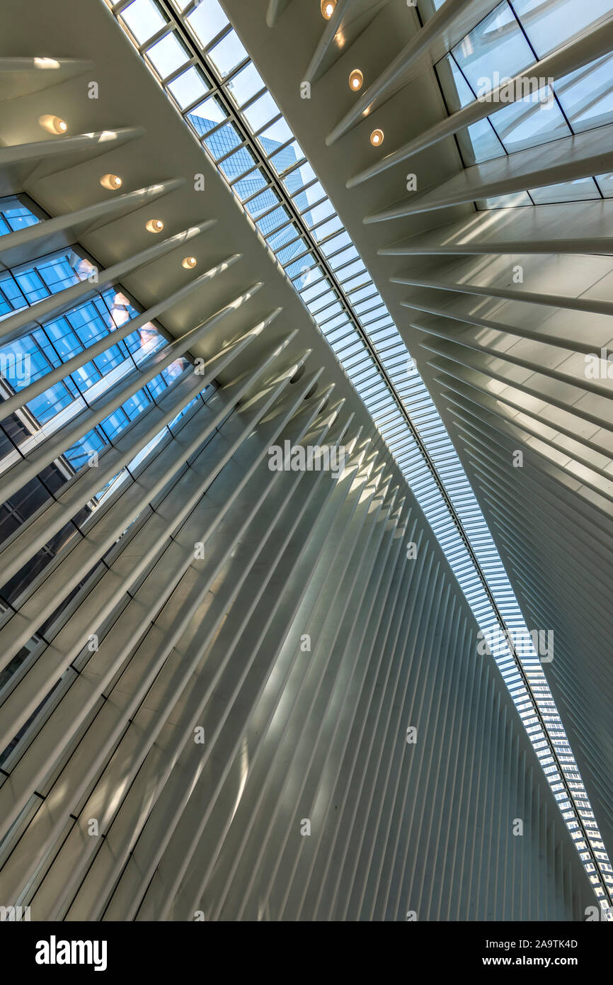 Interior of World Trade Center rapid transit station known also as Oculus designed by architect Santiago Calatrava, Manhattan, New York, USA Stock Photo