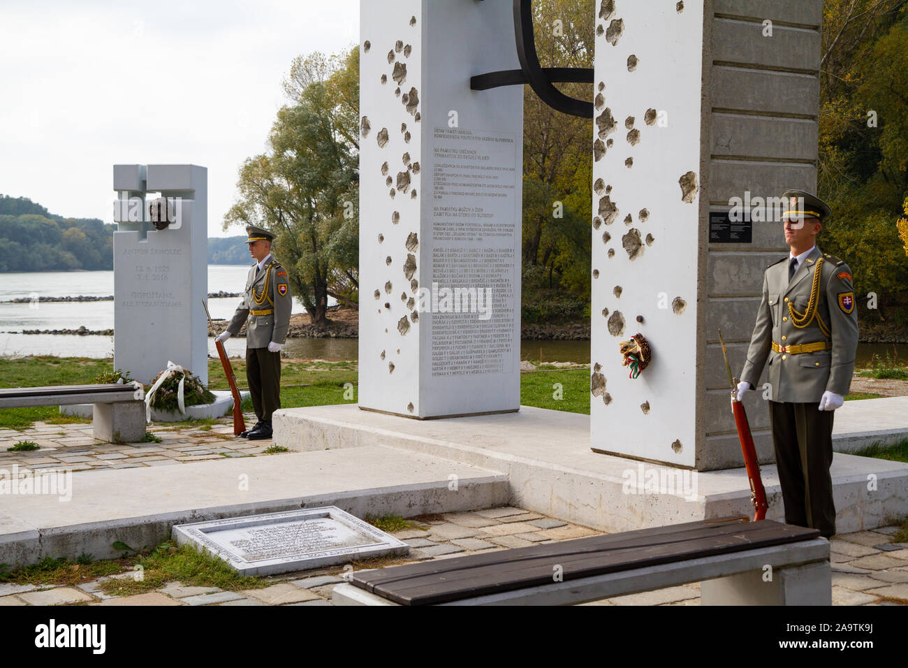 The Slovak guard of honour at the monument 'Brana Slobody' (Gate of Freedom) commemorating people who were killed on the border trying to escape. Stock Photo