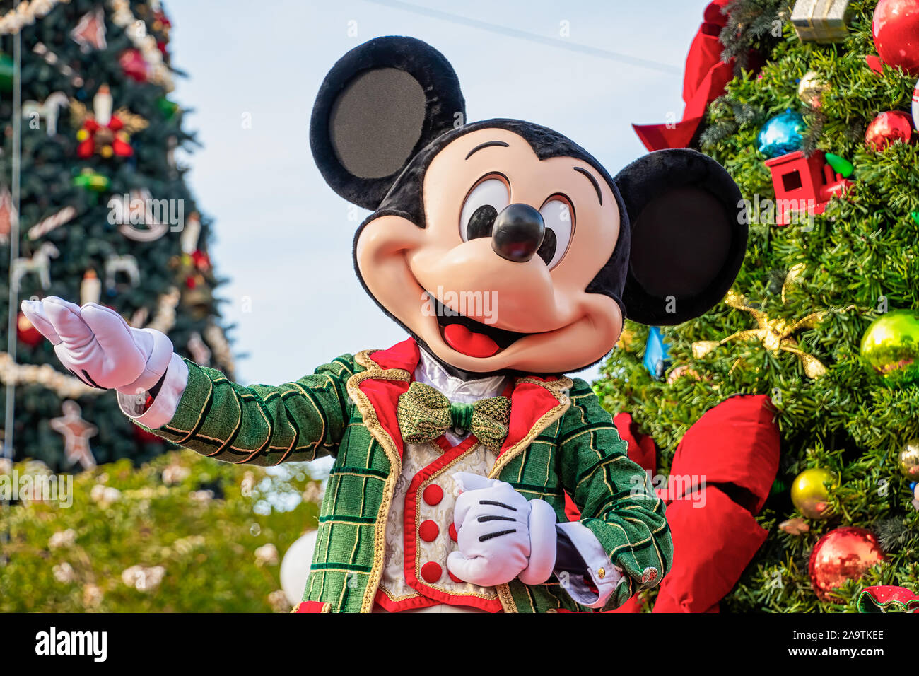 Mickey Mouse in Christmas outfits in the Christmastime Parade Stock Photo