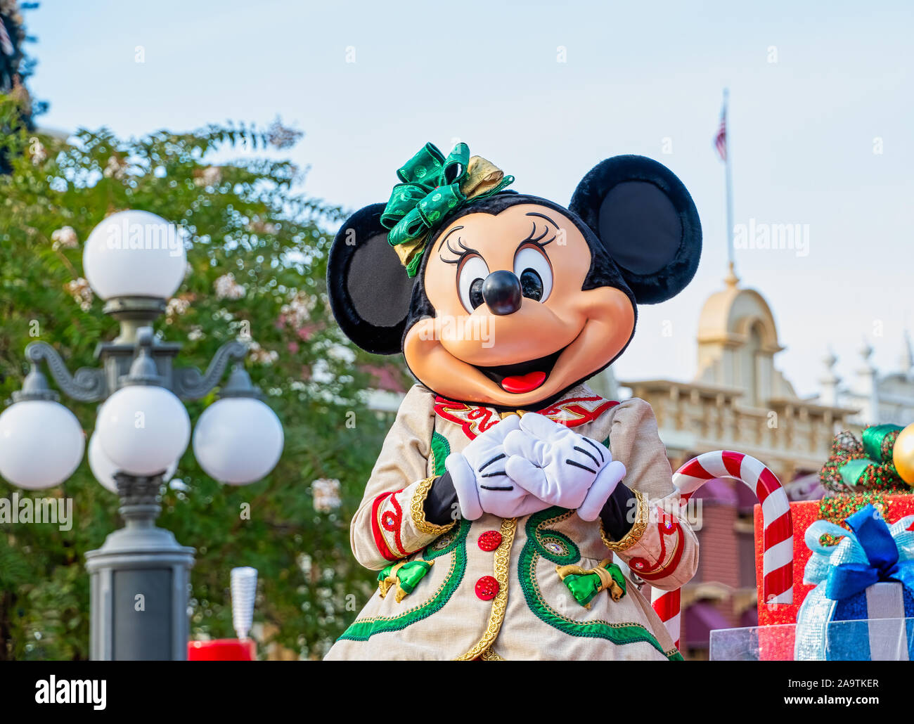 Minnie Mouse in Christmas outfits in the Christmastime Parade Stock Photo