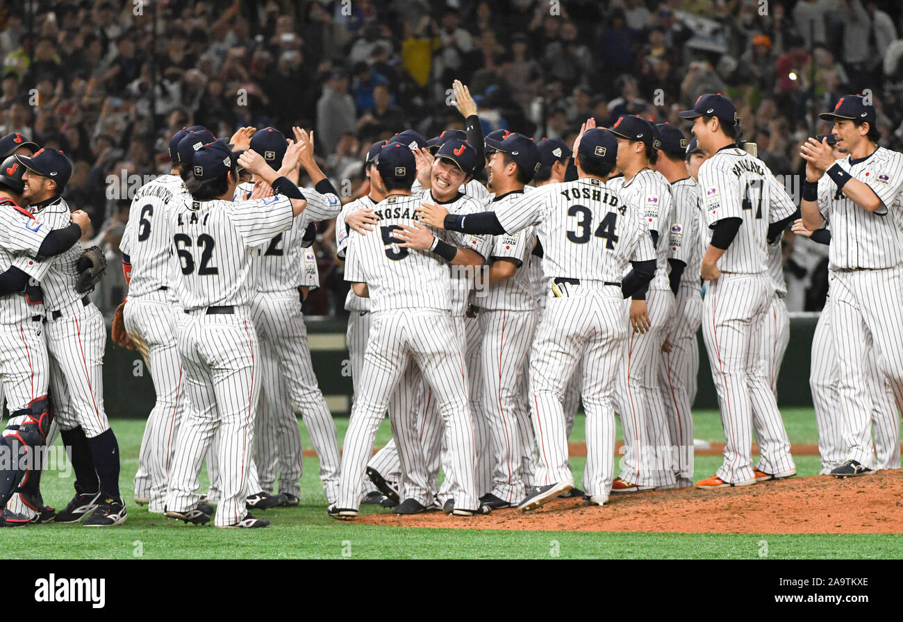 Tokyo, Japan. 17th Nov, 2019. Japanese team celebrates after a win at the  World Baseball Softball Confederation Premier12 baseball tournament final  game at the Tokyo Dome in Japan on Sunday November. 17,